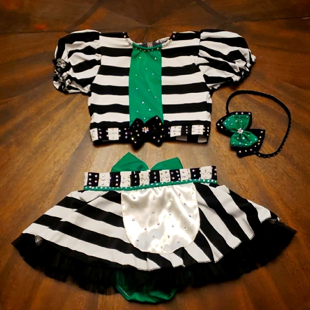 Striped Black and White Kids Dance  Costume Rhinestones Beetlejuice Waistress